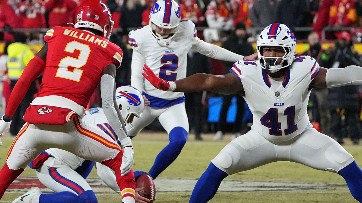 Buffalo Bills place kicker Tyler Bass (2) kicks a field goal against the Kansas City Chiefs in the AFC Championship game at GEHA Field at Arrowhead Stadium.