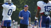 Bills offensive coordinator Joe Brady gives instructions during drills during day six of Buffalo Bills training camp at St. John Fisher University Tuesday, July 29, 2025 in Pittsford, NY.