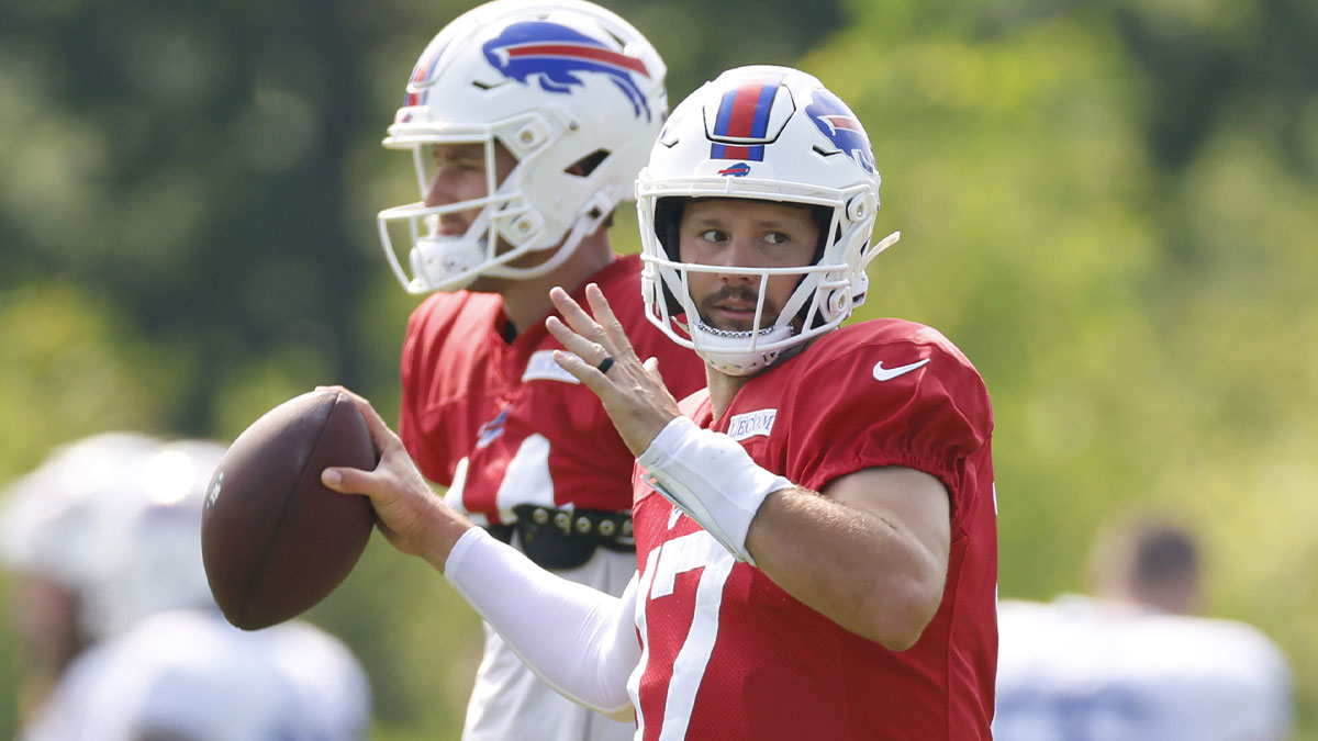 Buffalo Bills quarterback Josh Allen (17) looks to pass the football during joint training camp practice with the Chicago Bears ahead of Sunday's preseason game.