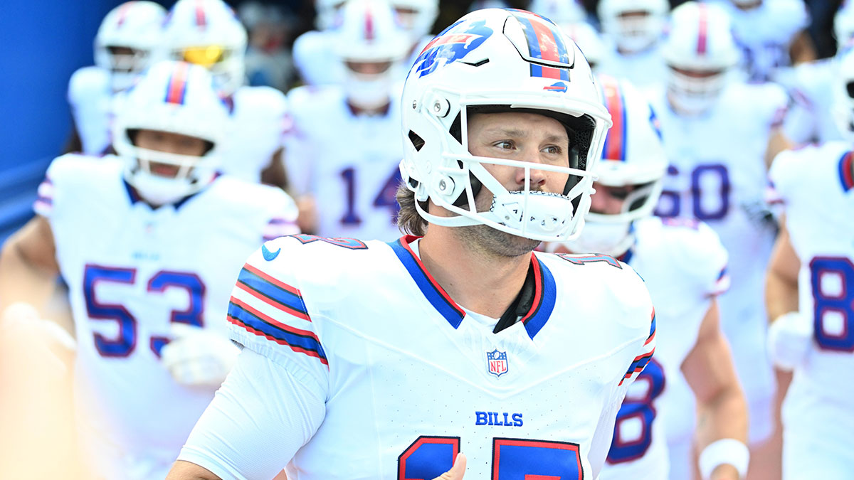 Buffalo Bills quarterback Josh Allen (17) enters the field before a game against the New York Giants at Highmark Stadium.