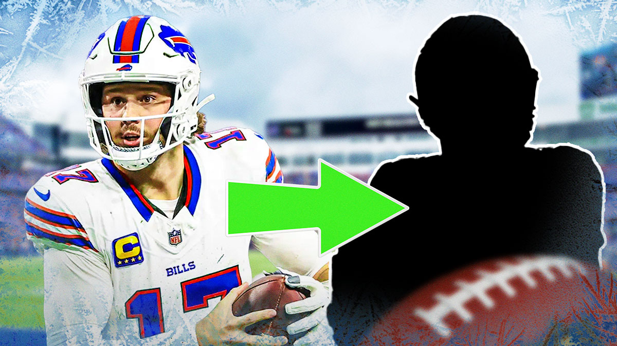 Buffalo Bills quarterback Josh Allen, who debuted the new Cold Front uniforms/jerseys, next to silhouette of himself with Highmark Stadium background.