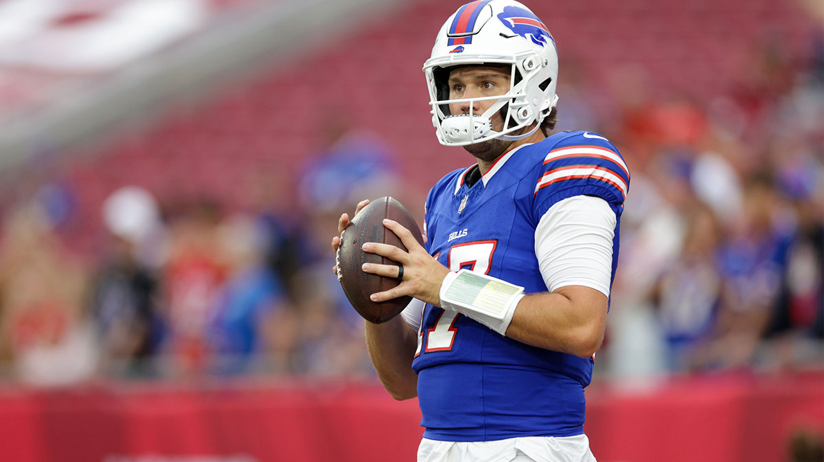 Buffalo Bills quarterback Josh Allen (17) warms up before a game against the Tampa Bay Buccaneers at Raymond James Stadium.