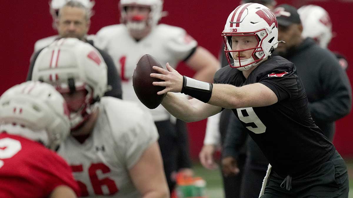Wisconsin quarterback Billy Edwards Jr. (9) is shown during spring football practice Wednesday, April 23, 2025 in Madison, Wisconsin.