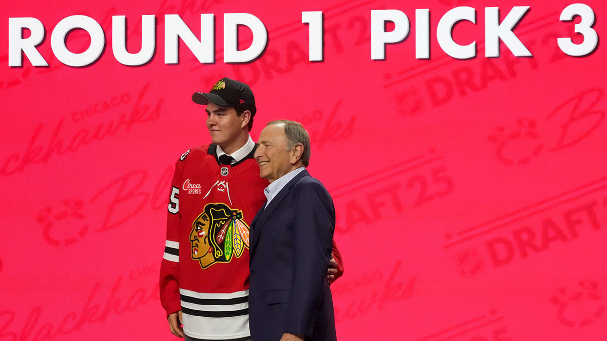 Anton Frondell is selected as the third overall pick to the Chicago Blackhawks in the first round of the 2025 NHL Draft at Peacock Theater.