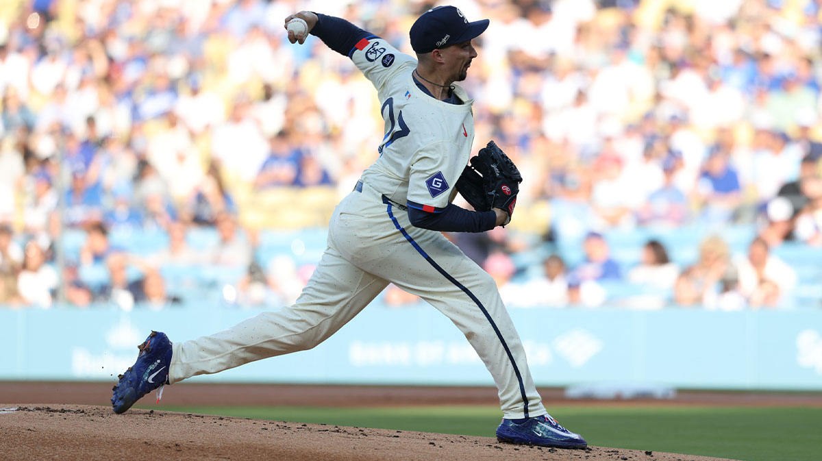 Aug 9, 2025; Los Angeles, California, USA; Los Angeles Dodgers pitcher Blake Snell (7) throws pitch against the Toronto Blue Jays during the first inning at Dodger Stadium.