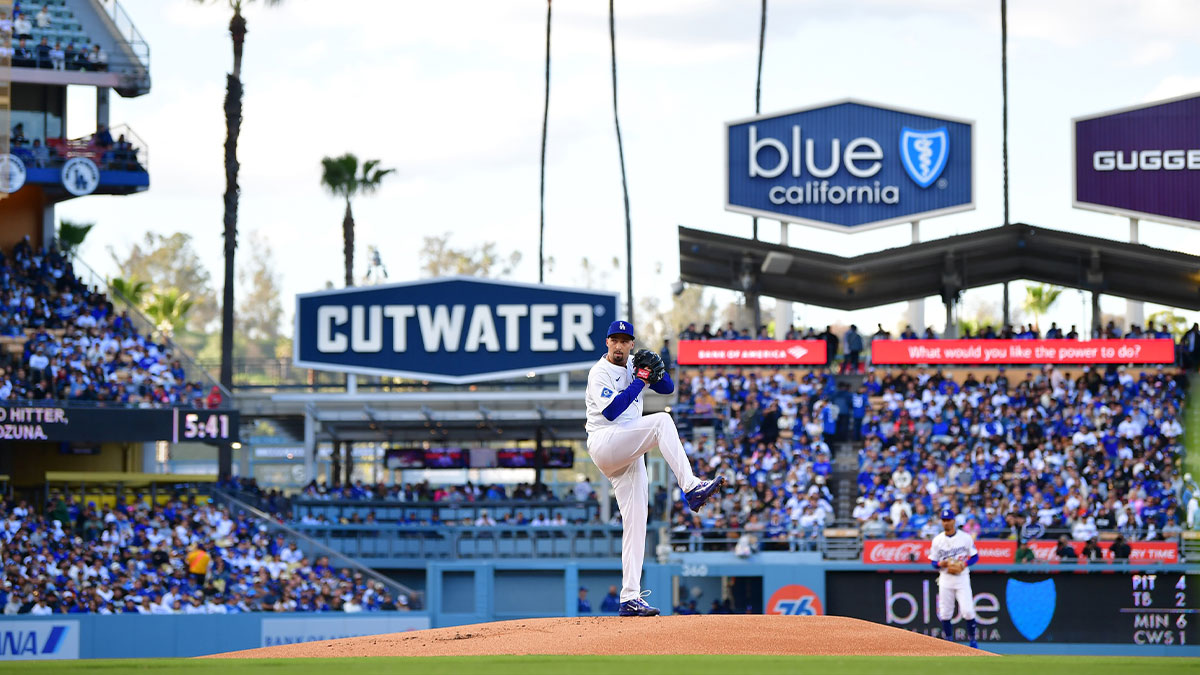Apr 2, 2025; Los Angeles, California, USA; Los Angeles Dodgers pitcher Blake Snell (7) throws during the first inning against the Atlanta Braves at Dodger Stadium.