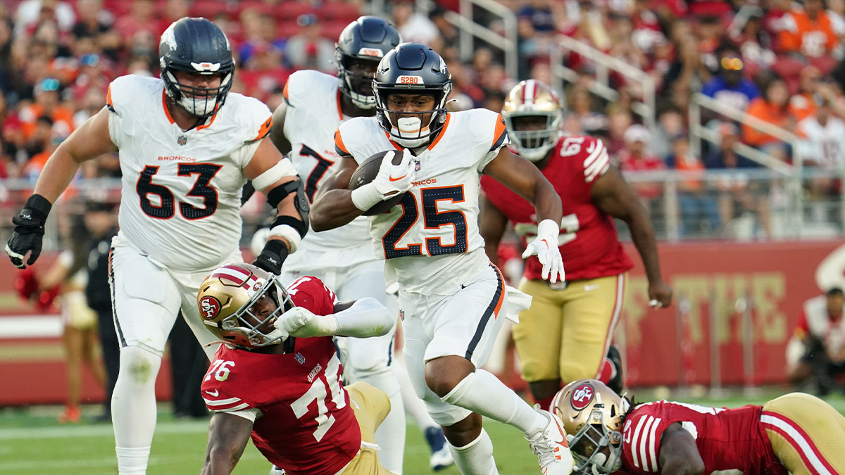 Broncos running back Blake Watson (25) rushes the ball past San Francisco 49ers defensive lineman Jaylon Allen (76) in the third quarter at Levi's Stadium.