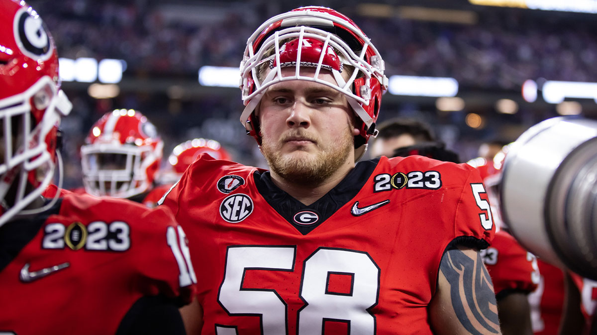 Georgia Bulldogs offensive lineman Austin Blaske (58) against the TCU Horned Frogs during the CFP national championship game at SoFi Stadium.
