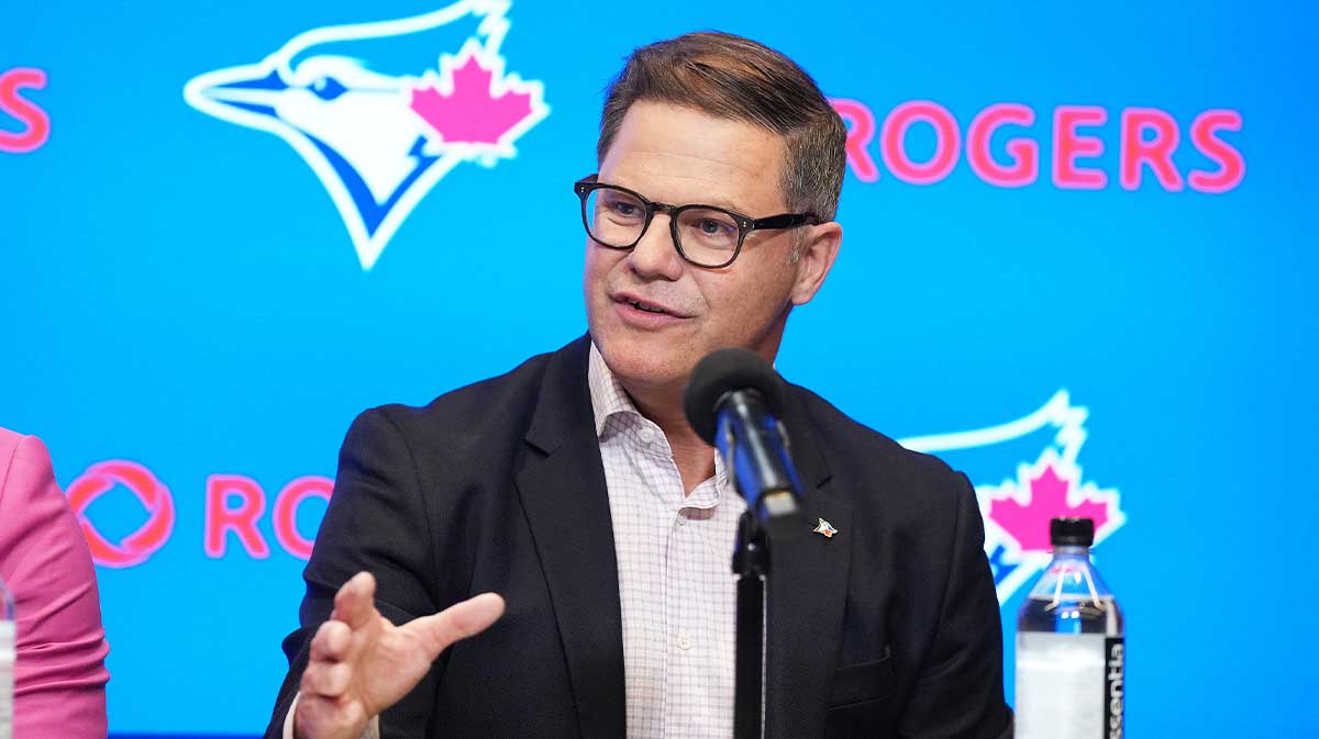 Toronto Blue Jays general manger Ross Atkins speaks to the media during the press conference at Rogers Centre.