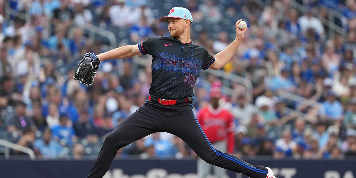 Toronto Blue Jays pitcher Eric Lauer (56) throws a pitch against the Los Angeles Angels during the first inning at Rogers Centre.
