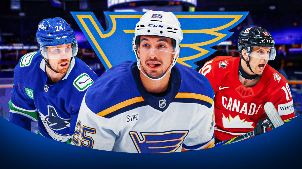 Jordan Kyrou, Pius Suter, and Brayden Schenn with the Blues logo in the background. blues perfect offseason