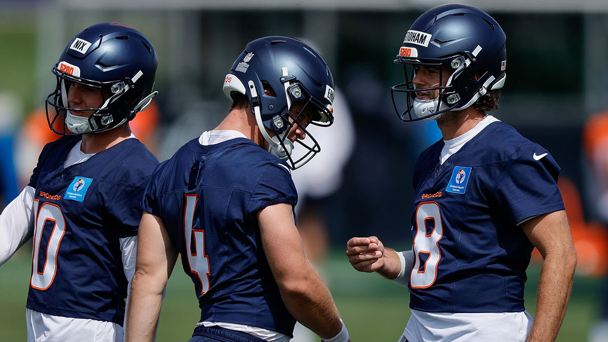 Denver Broncos quarterback Sam Ehlinger (4) and quarterback Bo Nix (10) and quarterback Jarrett Stidham (8) during Denver Broncos Training Camp.