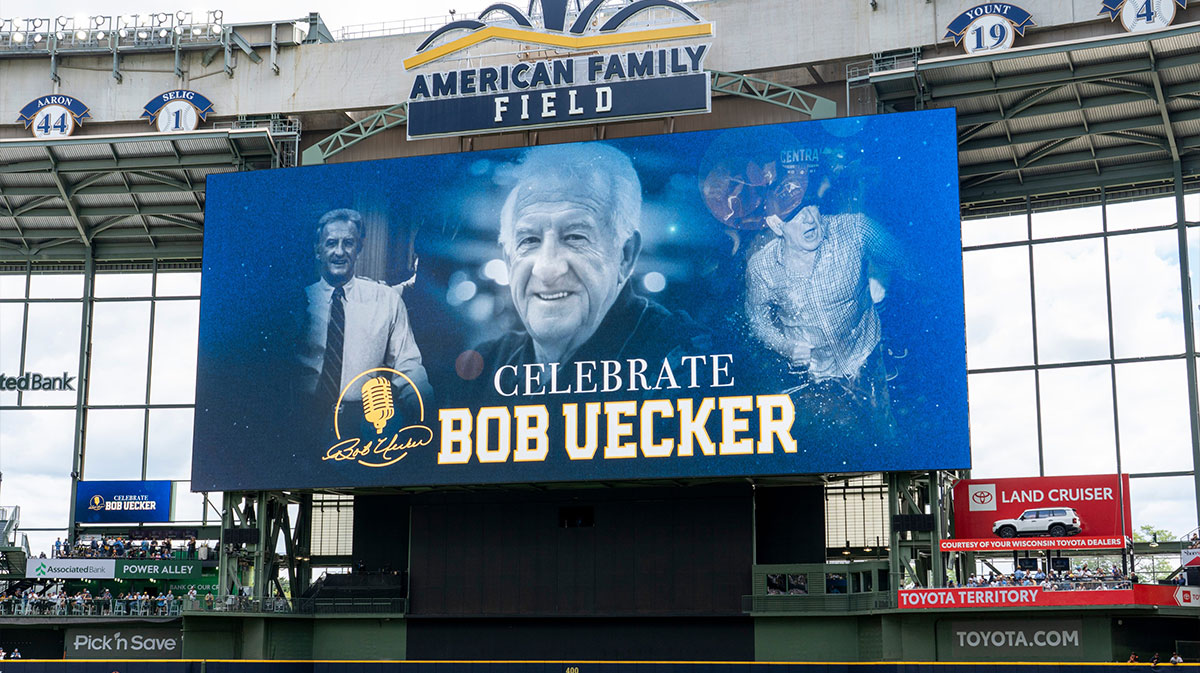 An image of Bob Uecker is displayed during the Milwaukee Brewers' Bob Uecker celebration of life