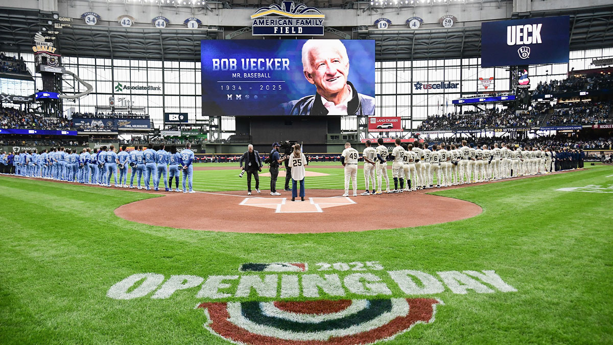 Milwaukee Brewers and Kansas City Royals line up for Opening Day ceremonies honoring Bob Uecker at American Family Field.