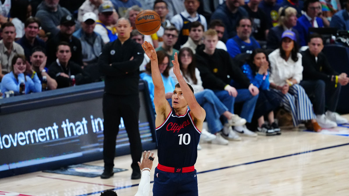 LA Clippers guard Bogdan Bogdanovic (10) shoots in the second quarter against the Denver Nuggets during five of first round for the 2025 NBA Playoffs at Ball Arena.