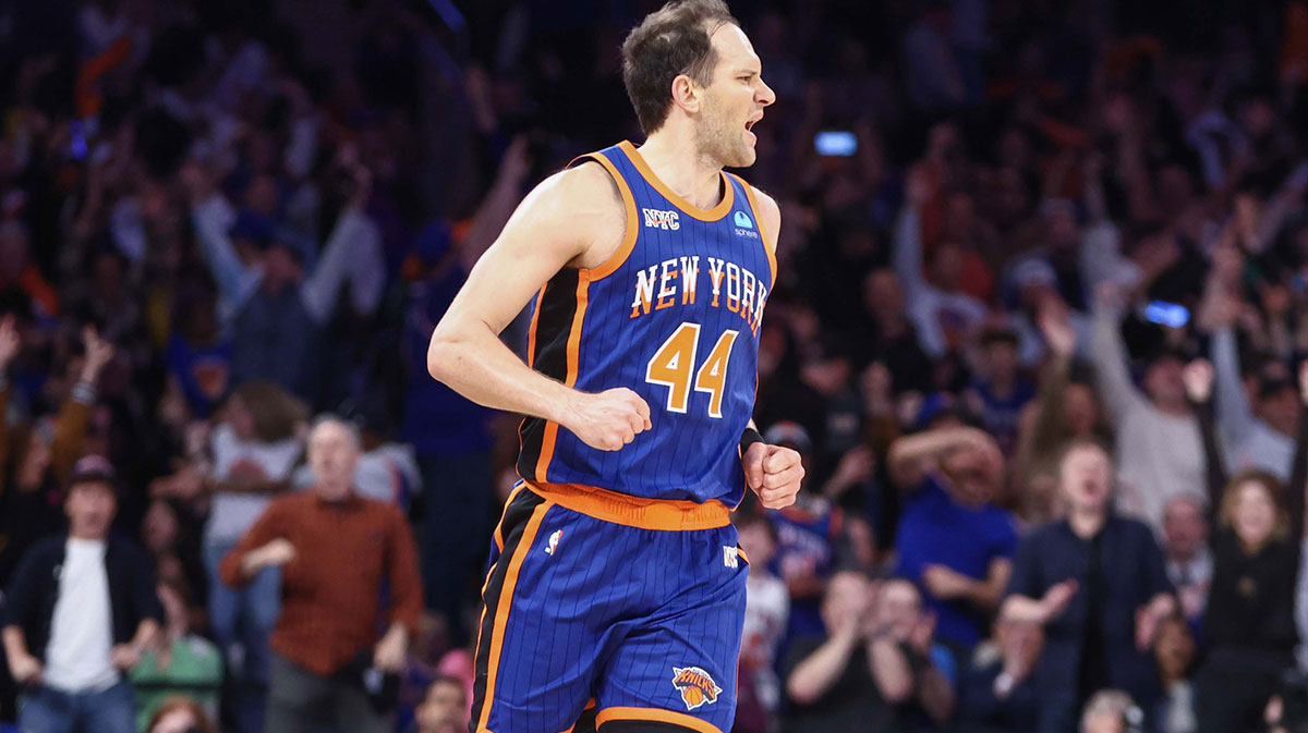 New York Knicks forward Bojan Bogdanovic (44) celebrates after making a three-point shot in the fourth quarter against the Chicago Bulls at Madison Square Garden.