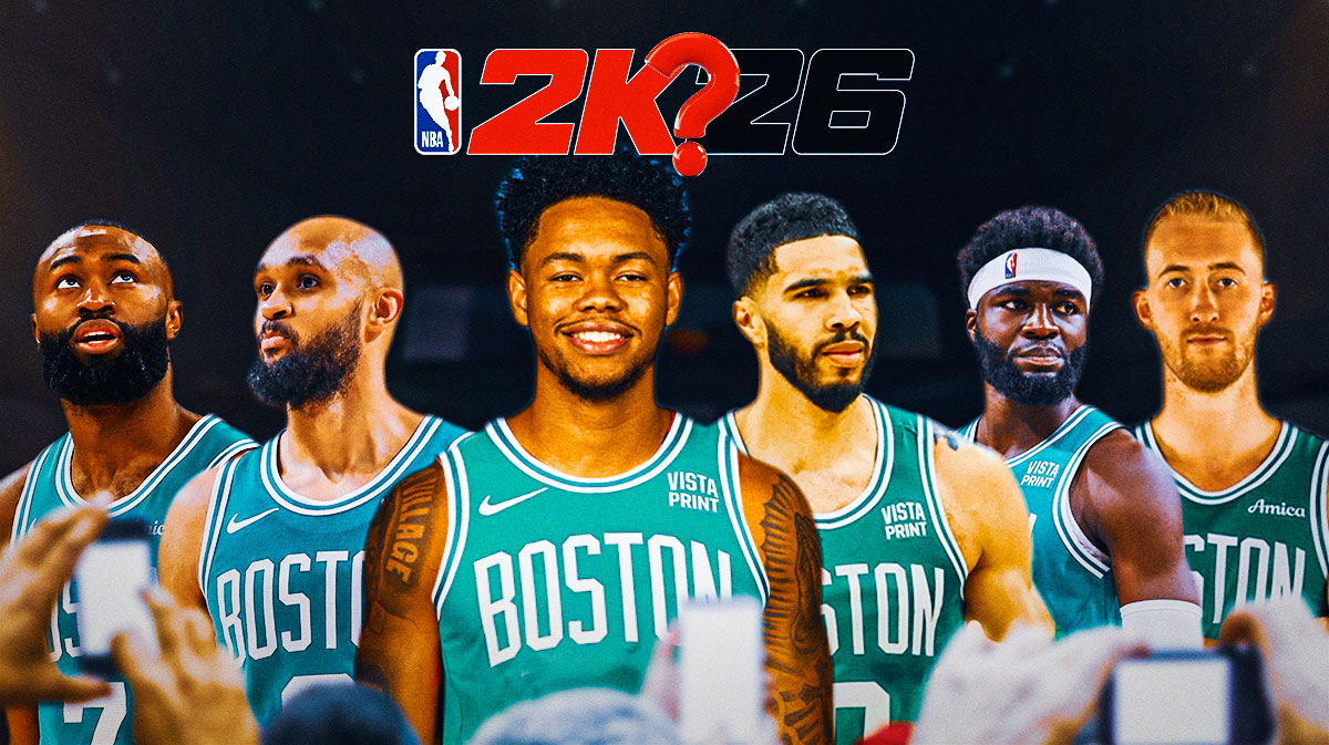 Jaylen Brown, Derrick White, Anfernee Simons, Jayson Tatum, Neemias Queta, and Sam Hauser in the Celtics jersey with the 2k26 logo at the top with a question mark. Boston Celtics NBA 2K26 ratings that are 100% wrong