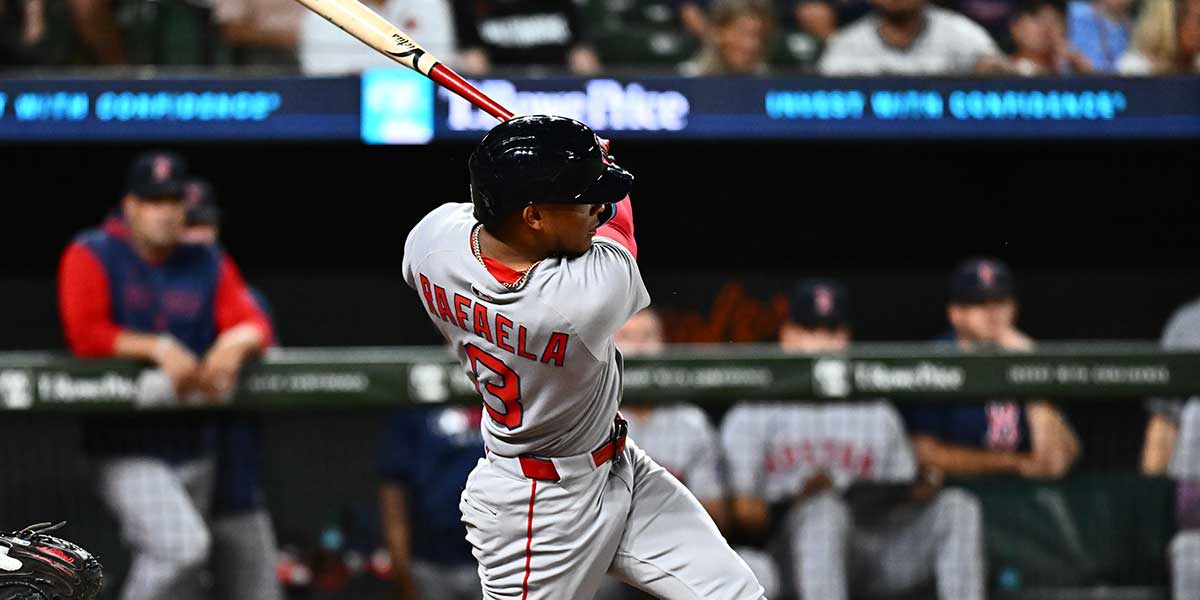 Boston Red Sox outfielder Ceddanne Rafaela (3) doubles during the eighth inning against the Baltimore Orioles at Oriole Park at Camden Yards.