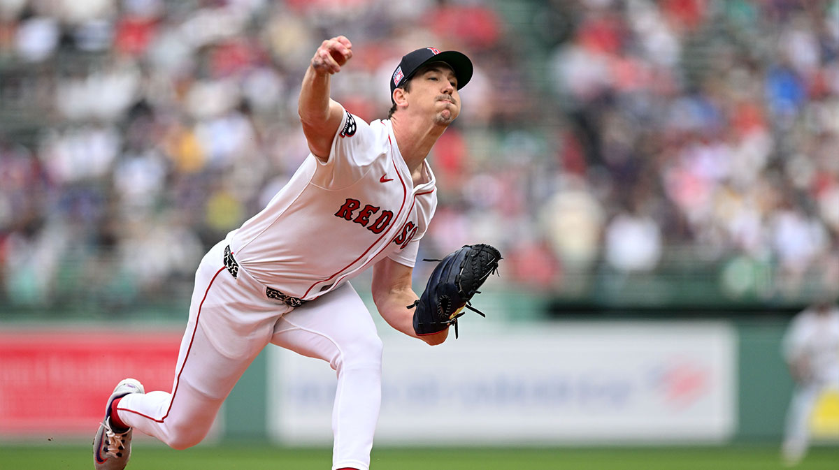 Boston Red Sox starting pitcher Walker Buehler (0) pitches against the Los Angeles Dodgers during the first inning at Fenway Park.