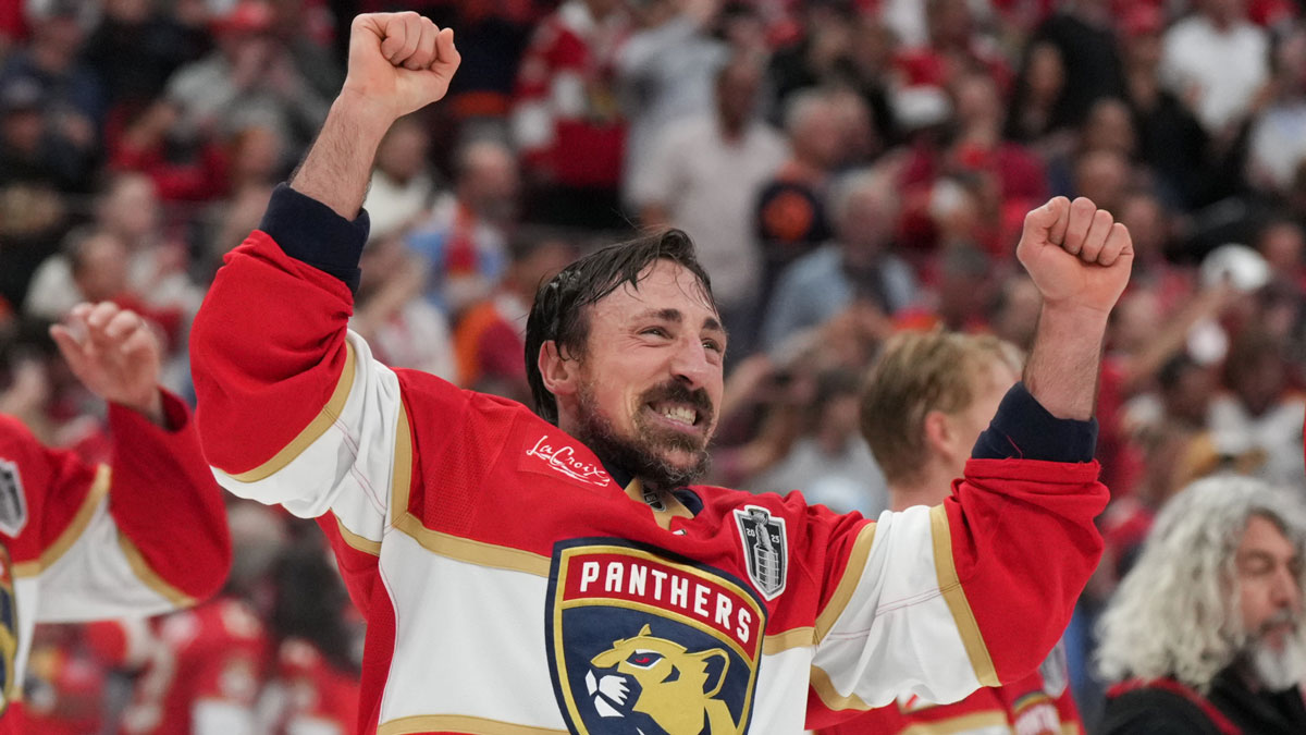 Florida Panthers center Brad Marchand (63) celebrates with his teamates after winning game six of the 2025 Stanley Cup Final against the Edmonton Oilers at Amerant Bank Arena.