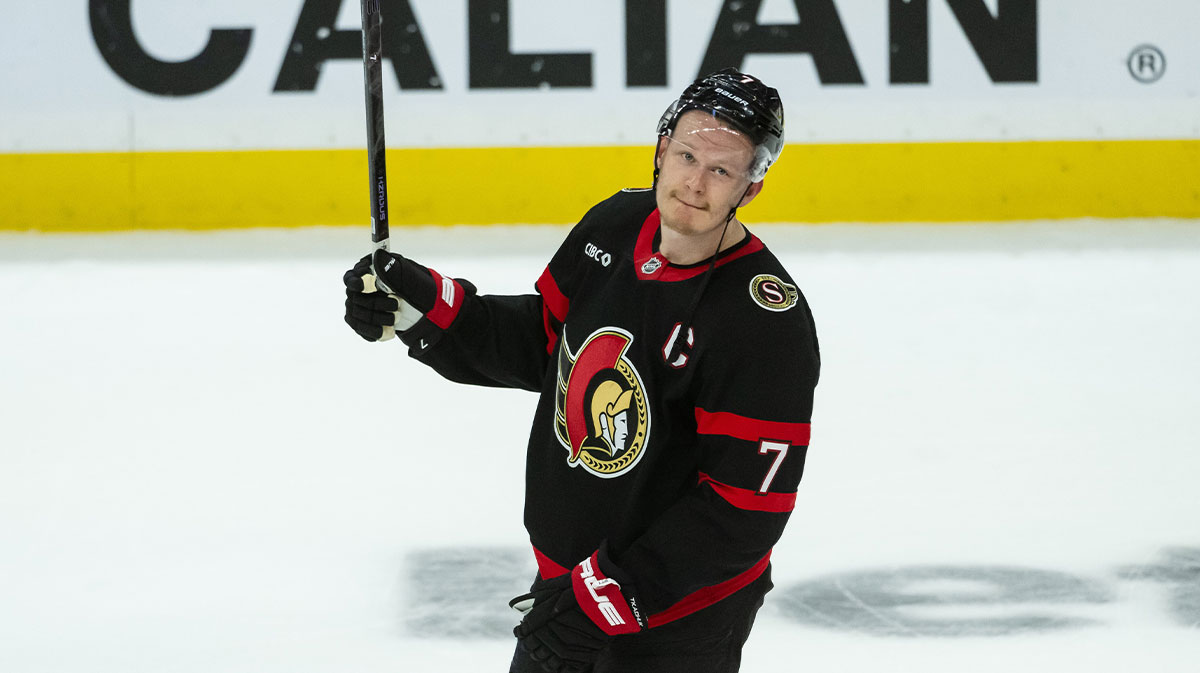 Ottawa Senators left wing Brady Tkachuk (7) acknowledges the crowd following the team loss against the Toronto Maple Leafs in game six of the first round of the 2025 Stanley Cup Playoffs at Canadian Tire Centre.