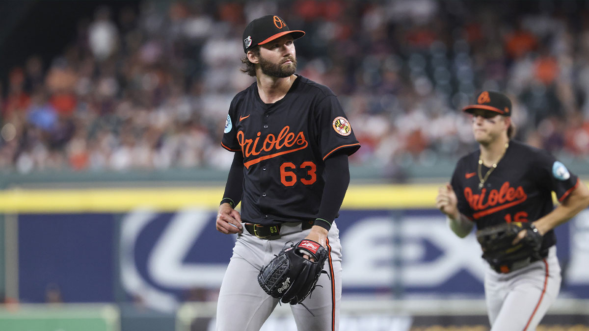 Baltimore Orioles starting pitcher Brandon Young (63) walks off the field after pitching during the second inning against the Houston Astros at Daikin Park.