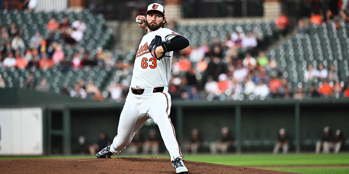 Aug 21, 2025; Baltimore, Maryland, USA; Baltimore Orioles pitcher Brandon Young (63) delivers a pitch during the first inning against the Houston Astros at Oriole Park at Camden Yards. 