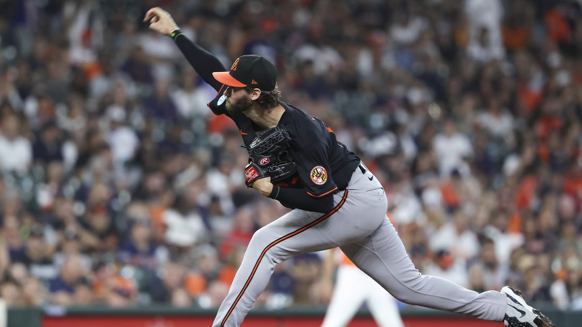 Baltimore Orioles starting pitcher Brandon Young (63) delivers a pitch during the first inning against the Houston Astros at Daikin Park.