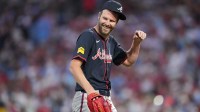 Atlanta Braves starting pitcher Chris Sale (51) reacts as he leaves the field against the Philadelphia Phillies in the sixth inning at Citizens Bank Park.