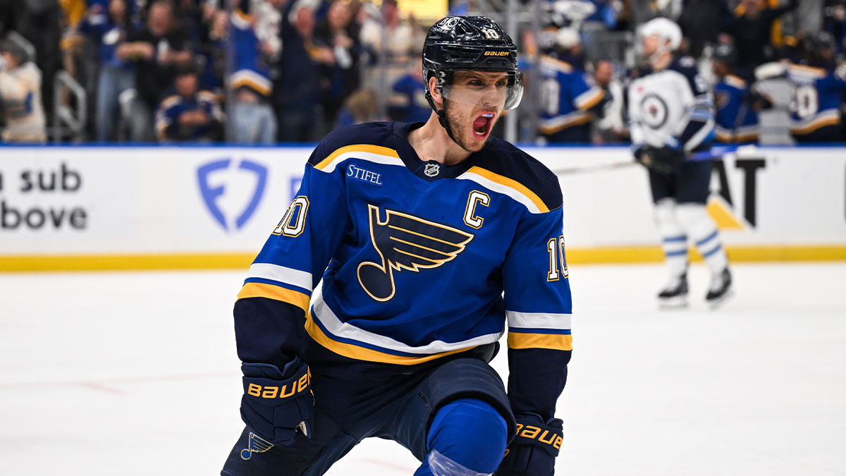 St. Louis Blues center Brayden Schenn (10) reacts to scoring a goal against the Winnipeg Jets during the second period in game six of the first round of the 2025 Stanley Cup Playoffs at Enterprise Center.