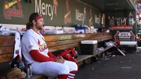 St. Louis Cardinals left fielder Brendan Donovan (33) looks on from the dug out after losing to the Milwaukee Brewers 2-0 at Busch Stadium.