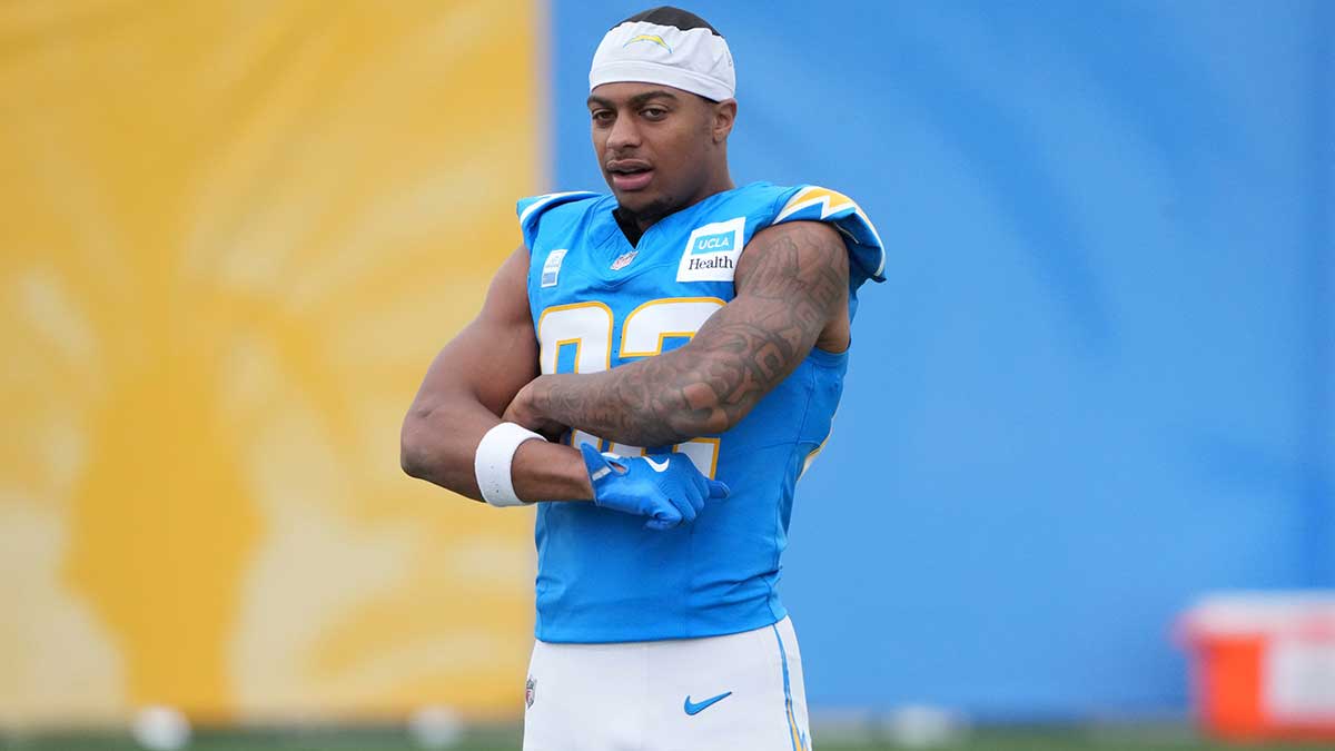 Los Angeles Chargers receiver Brenden Rice (82) at training camp at The Bolt.