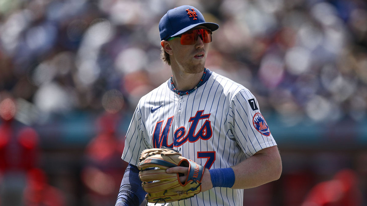 New York Mets third man Brett Baty (7) during a game against the Los Angeles Angels at Citi Field.
