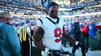 Houston Texans tight end Brevin Jordan (9) walks to the bench before a game against the Indianapolis Colts at Lucas Oil Stadium.