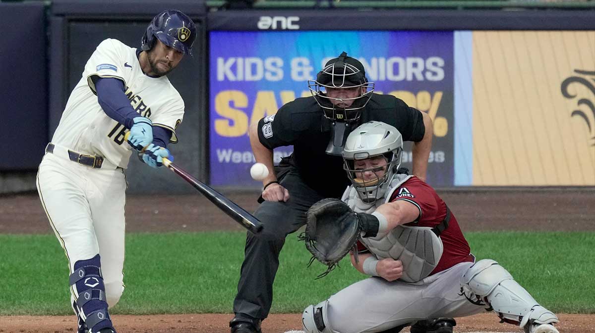Milwaukee Brewers outfielder Blake Perkins (16) hits a single during the second inning of their game against the Arizona Diamondbacks Wednesday, August 27, 2025 at American Family Field in Milwaukee, Wisconsin.