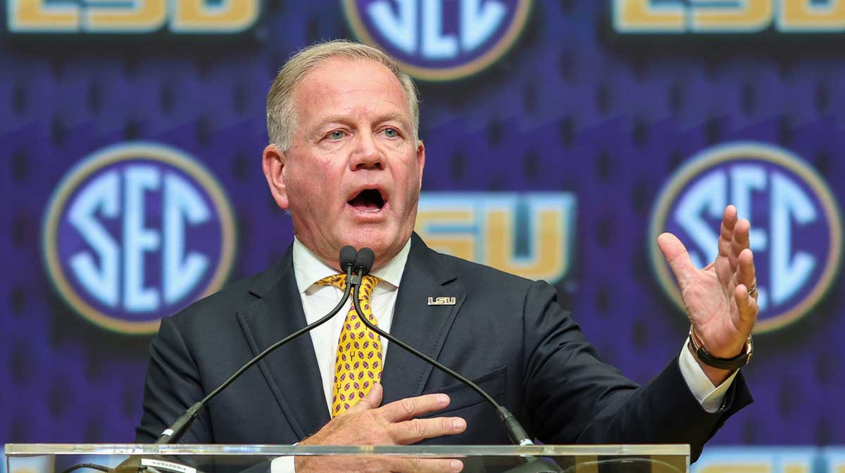 LSU Tigers head coach Brian Kelly talks to the media during SEC Media Day at Omni Atlanta Hotel.