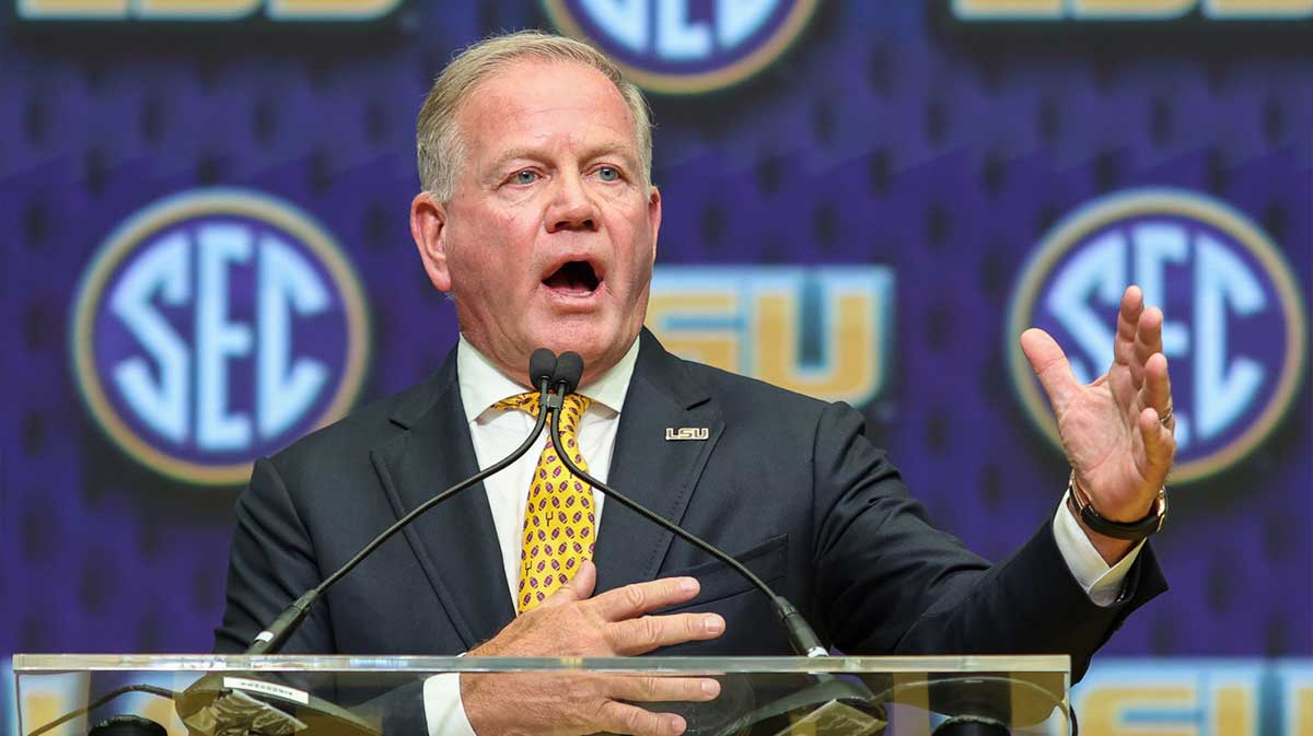 LSU Tigers head coach Brian Kelly talks to the media during SEC Media Day at Omni Atlanta Hotel.