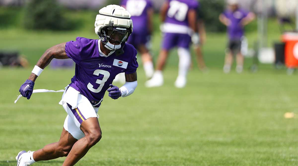 Minnesota Vikings wide receiver Jordan Addison (3) takes part in drills during the teams training camp at the Minnesota Vikings Training Facility.