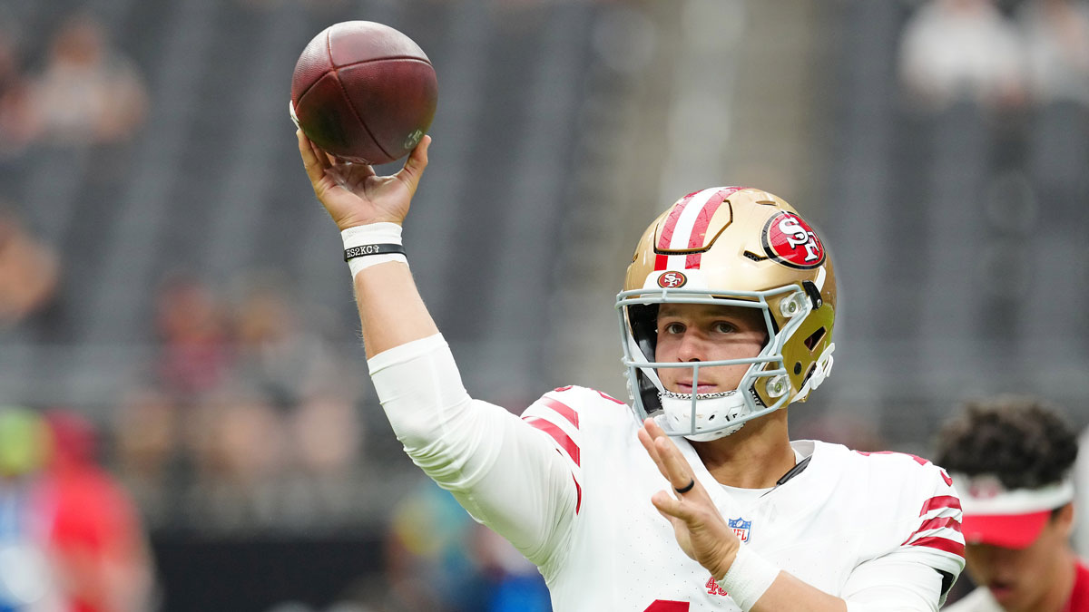 San Francisco 49ers quarterback Brock Purdy (13) warms up before a preseason game against the Las Vegas Raiders at Allegiant Stadium.