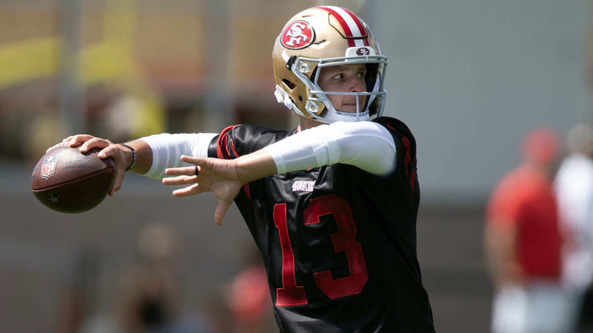 San Francisco 49ers quarterback Brock Purdy (13) works on passing drills during the first day of training camp at SAP Performance Facility.