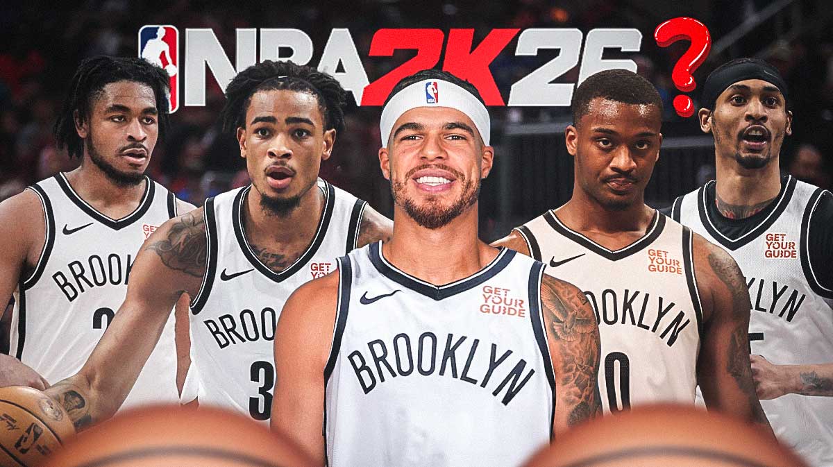 Brooklyn Nets NBA 2K26 ratings that are 100% wrong. Michael Porter Jr., Cam Thomas, Nic Claxton, Dariq Whitehead and Keon Johnson in the Nets jersey with the 2K26 logo at the top with a single question mark.