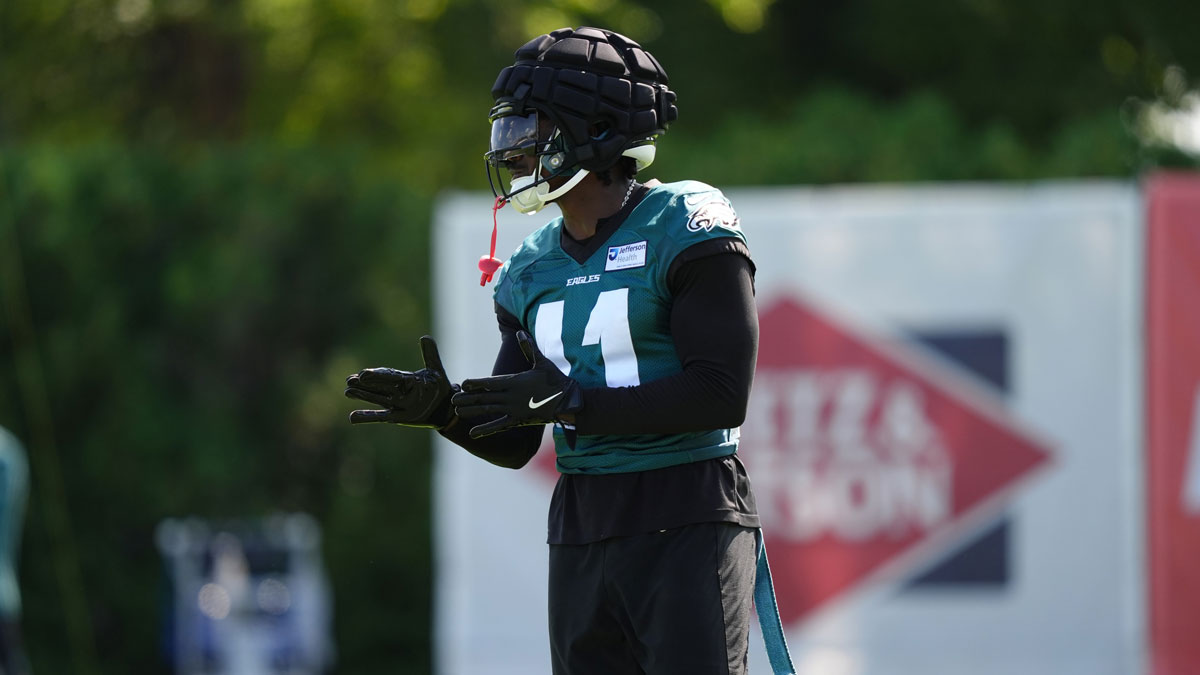 Philadelphia Eagles wide receiver A.J. Brown (11) runs a practice drill during training camp at NovaCare Complex.