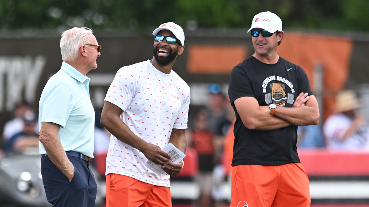 Browns managing and principal partner Jimmy Haslam, left, and executive vice president, football operations & general manager Andrew Berry, middle, and executive vice president, partner JW Johnson watch during training camp at CrossCountry Mortgage Campus