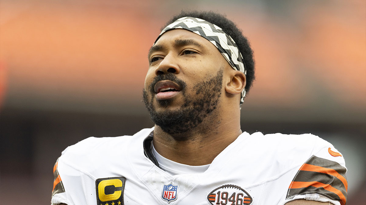 Cleveland Browns defensive end Myles Garrett (95) during warm ups before the game against the Kansas City Chiefs at Huntington Bank Field.
