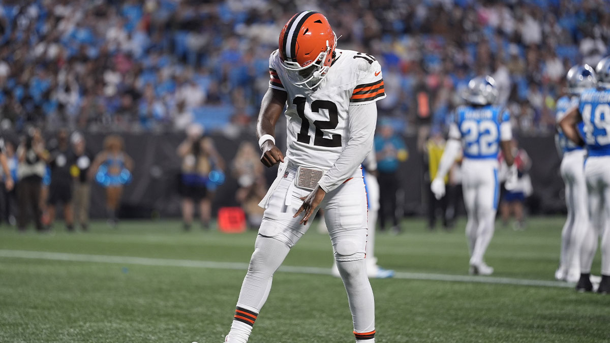 Aug 8, 2025; Charlotte, North Carolina, USA; Cleveland Browns quarterback Shedeur Sanders (12) celebrates his touchdown pass against the Carolina Panthers during the second quarter at Bank of America Stadium. Mandatory Credit: Jim Dedmon-Imagn Images