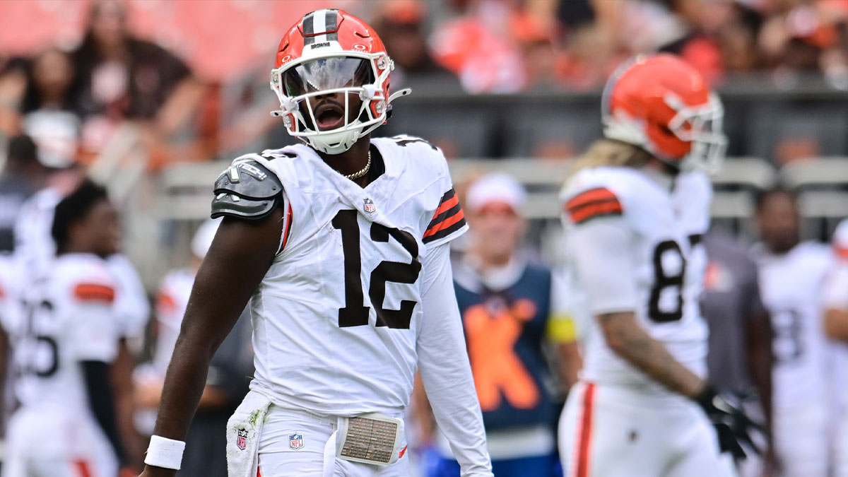 Browns quarterback Shedeur Sanders (12) reacts during the second half against the Los Angeles Rams at Huntington Bank Field