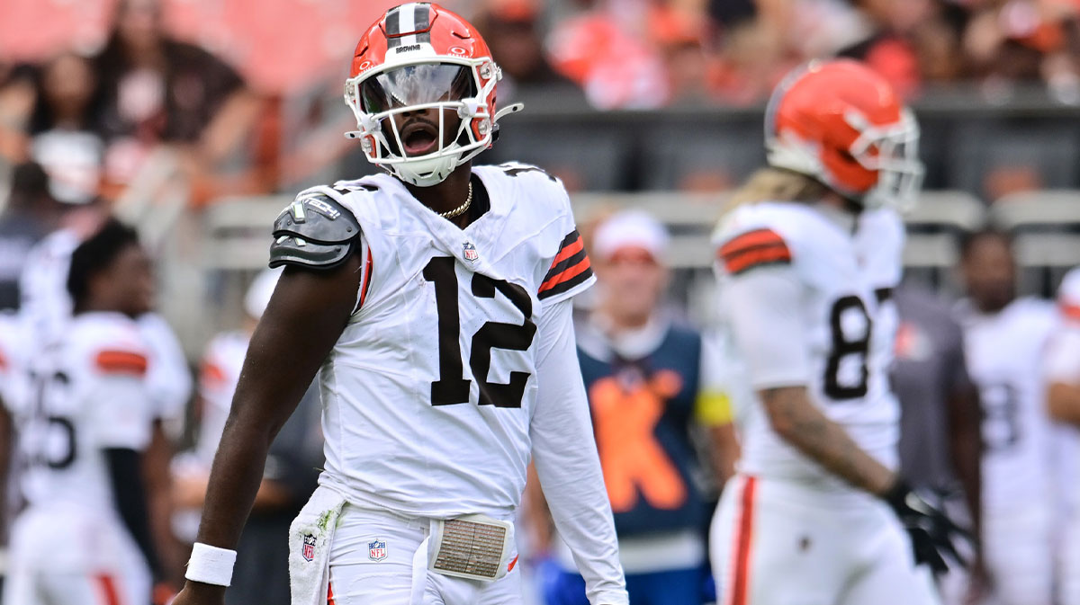 Browns quarterback Shedeur Sanders (12) reacts during the second half against the Los Angeles Rams at Huntington Bank Field