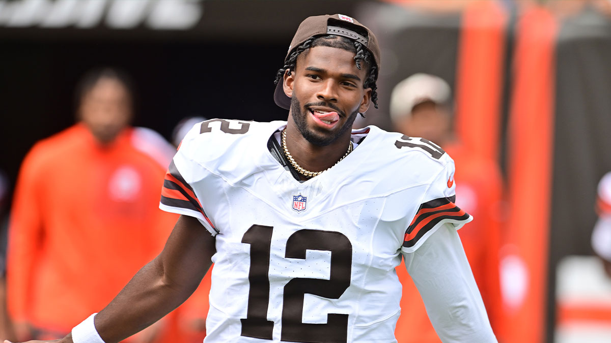 Browns quarterback Shedeur Sanders (12) enters the field before the game between the Browns and the Los Angeles Rams at Huntington Bank Field
