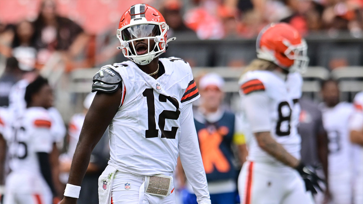 rowns quarterback Shedeur Sanders (12) reacts during the second half against the Los Angeles Rams at Huntington Bank Field