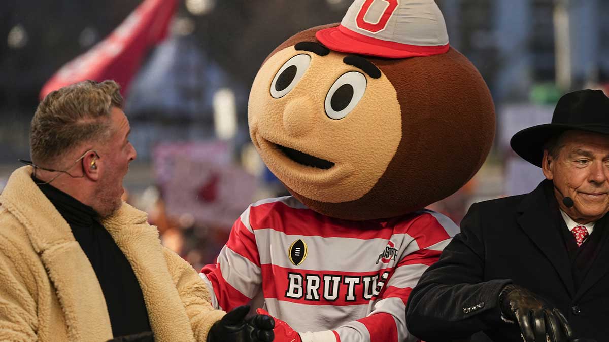 Ohio State mascot Brutus interacts with Pat McAfee on the set of ESPN College GameDay prior to the College Football Playoff first round game between the Ohio State Buckeyes and Tennessee Volunteers in Columbus at Ohio Stadium.